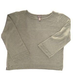Chico's Top Sz 4 Tea Leaf Green Boat Neck LS Rolled Hem Pullover Fashion Knit